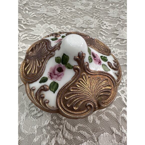 Vintage Trinket Hollywood GOLD GILT Floral Fleur Covered Vanity Bowl Handpaint - Picture 3 of 10